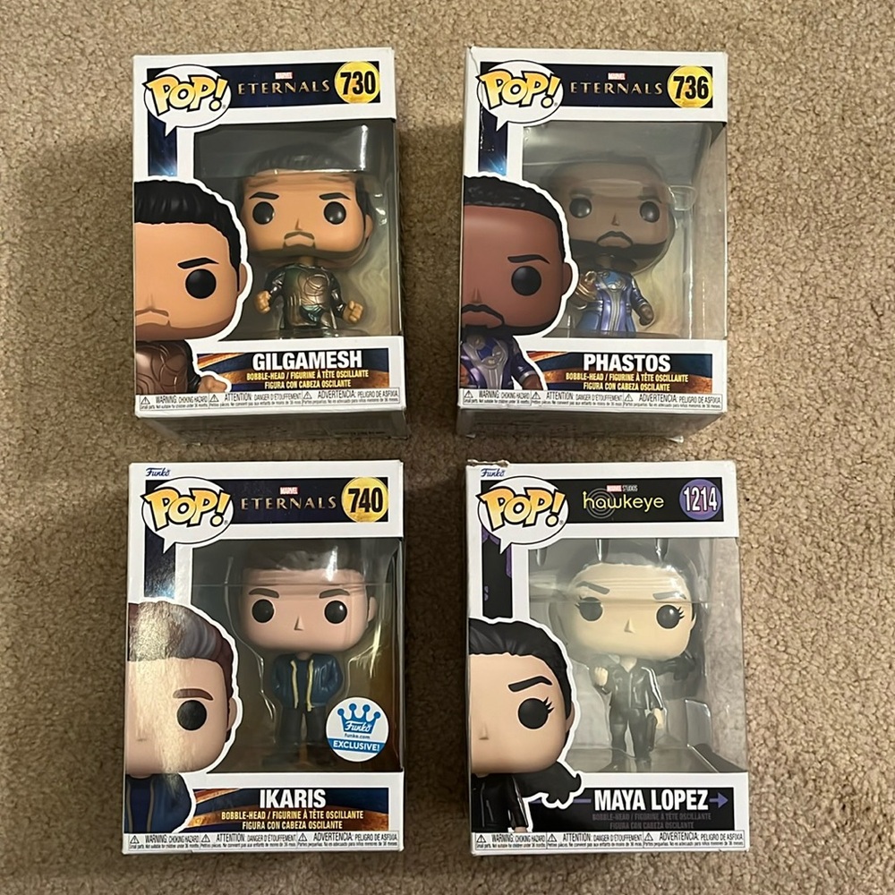 NIB set of 4 Funko Pop! Bobble Heads: Gilgamesh Phastos Ikaris Maya Lopez